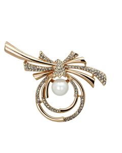JCE2939 Flash Rose Gold White Metal Brooches with Synthetic Pearl in White