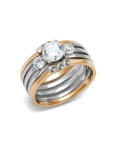 JCE3212 Two-Tone IP Rose Gold Stainless Steel Ring with AAA Grade CZ in Clear