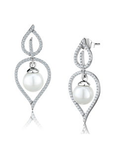 JCE510 Rhodium 925 Sterling Silver Earrings with Semi-Precious Glass Bead in White